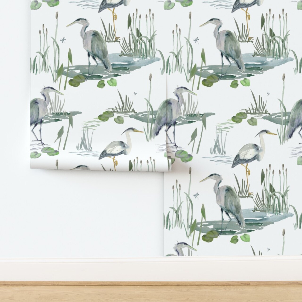 Watercolor Marsh Pond Heron Birds Nature Coastal Cattails Seaside Coast Beach Egret Large Scale House Vacation Home Traditional Blue Cottage Custom Pre-pasted Wallpaper by Spoonflower Pre-Pasted Wallpaper 2FT Wide